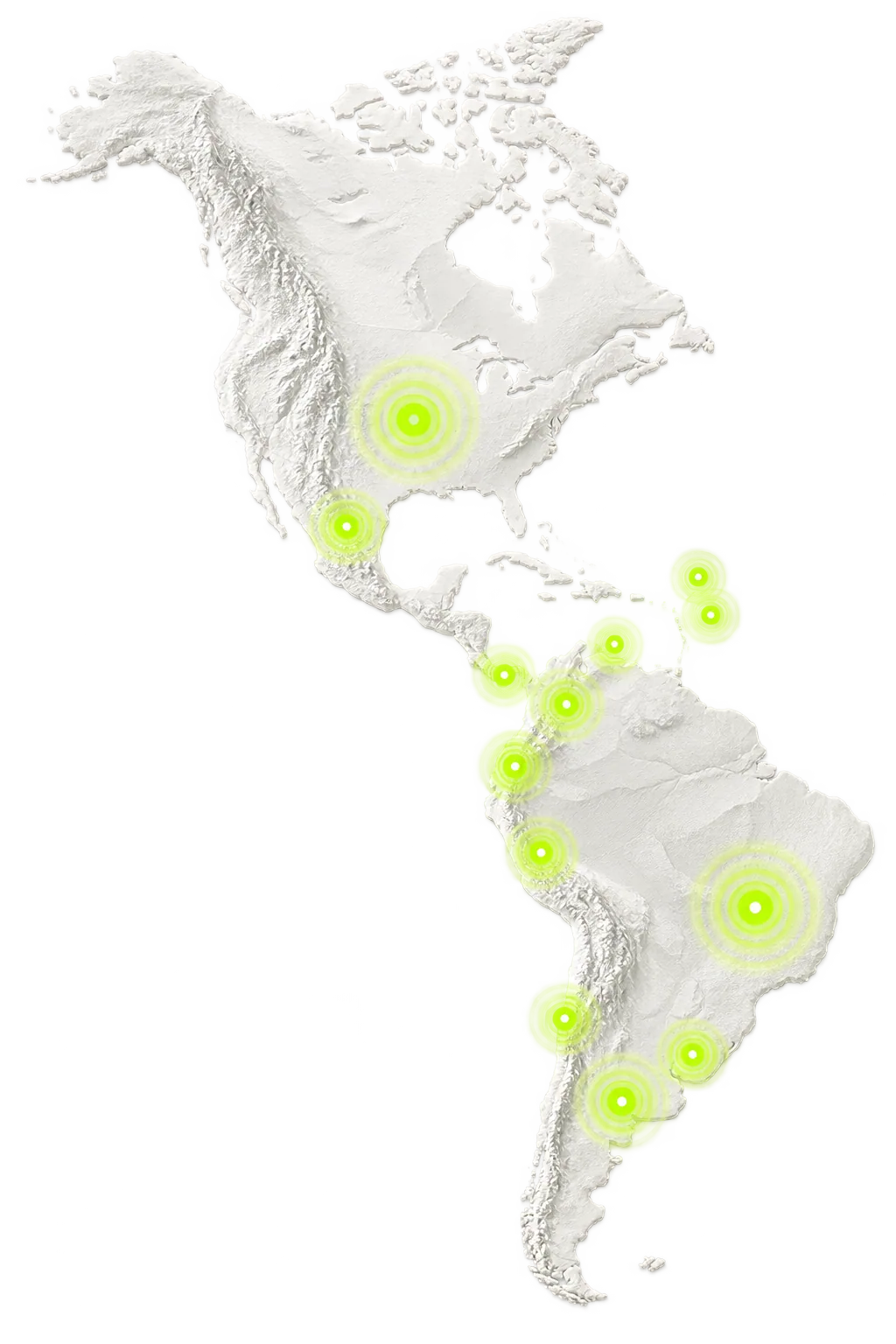Mapa en relieve del continente americano sobre fondo negro, con puntos de luz lima que señalan dónde funciona hoy el software de ProdTech