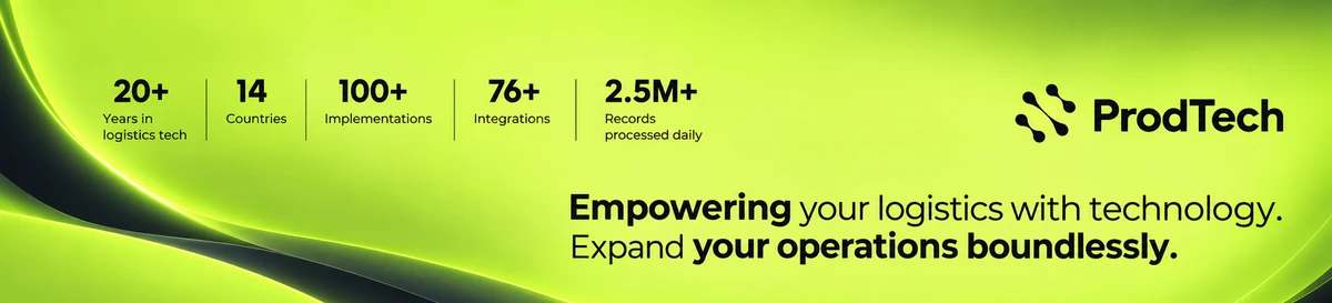 Portada del perfil de ProdTech en LinkedIn: sobre un degradado lima, las cifras de la empresa —más de 20 años en tecnología logística, 14 países, más de 100 implementaciones, más de 76 integraciones y más de 2,5 millones de registros procesados al día— junto al lema «Empowering your logistics with technology».