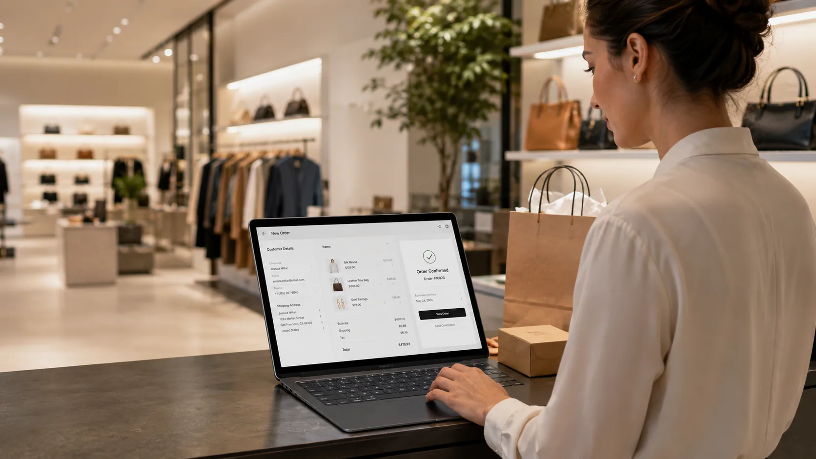 Vendedora de una tienda confirmando un pedido en una notebook, con la pantalla de alta de orden a la vista y una bolsa preparada sobre el mostrador
