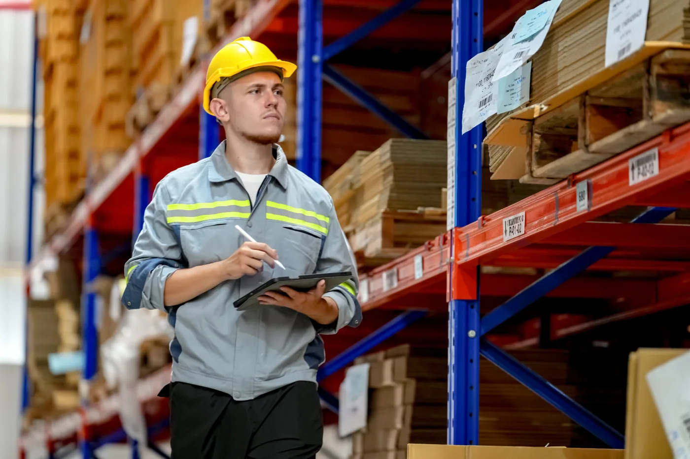 Operario con casco amarillo controlando con una tablet las ubicaciones de un rack